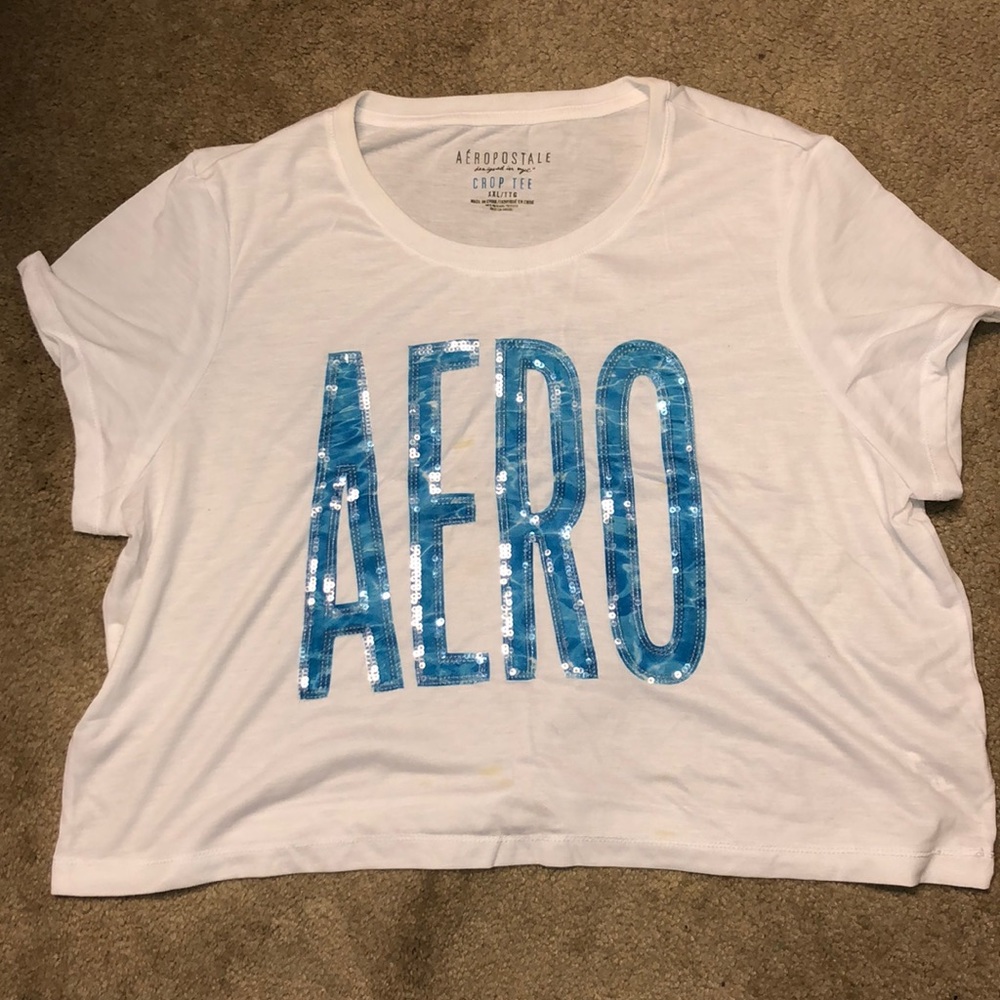 aeropostale white sequined logo cropped tee shirt